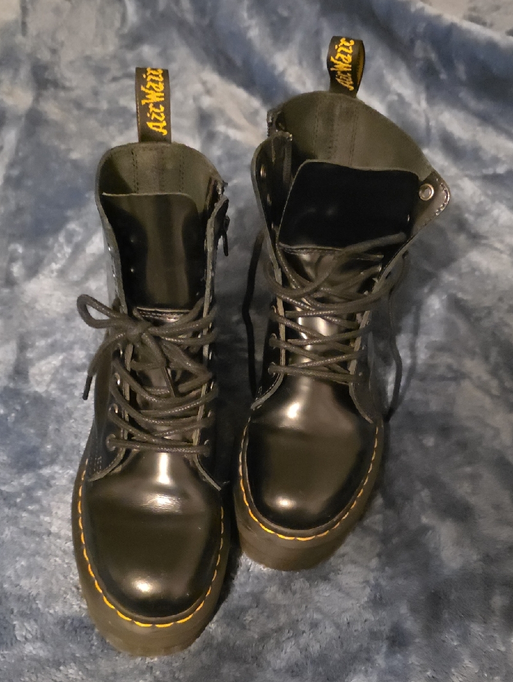 Dr. Martens Black Lace-Up Platform Boots with Yellow Stitching